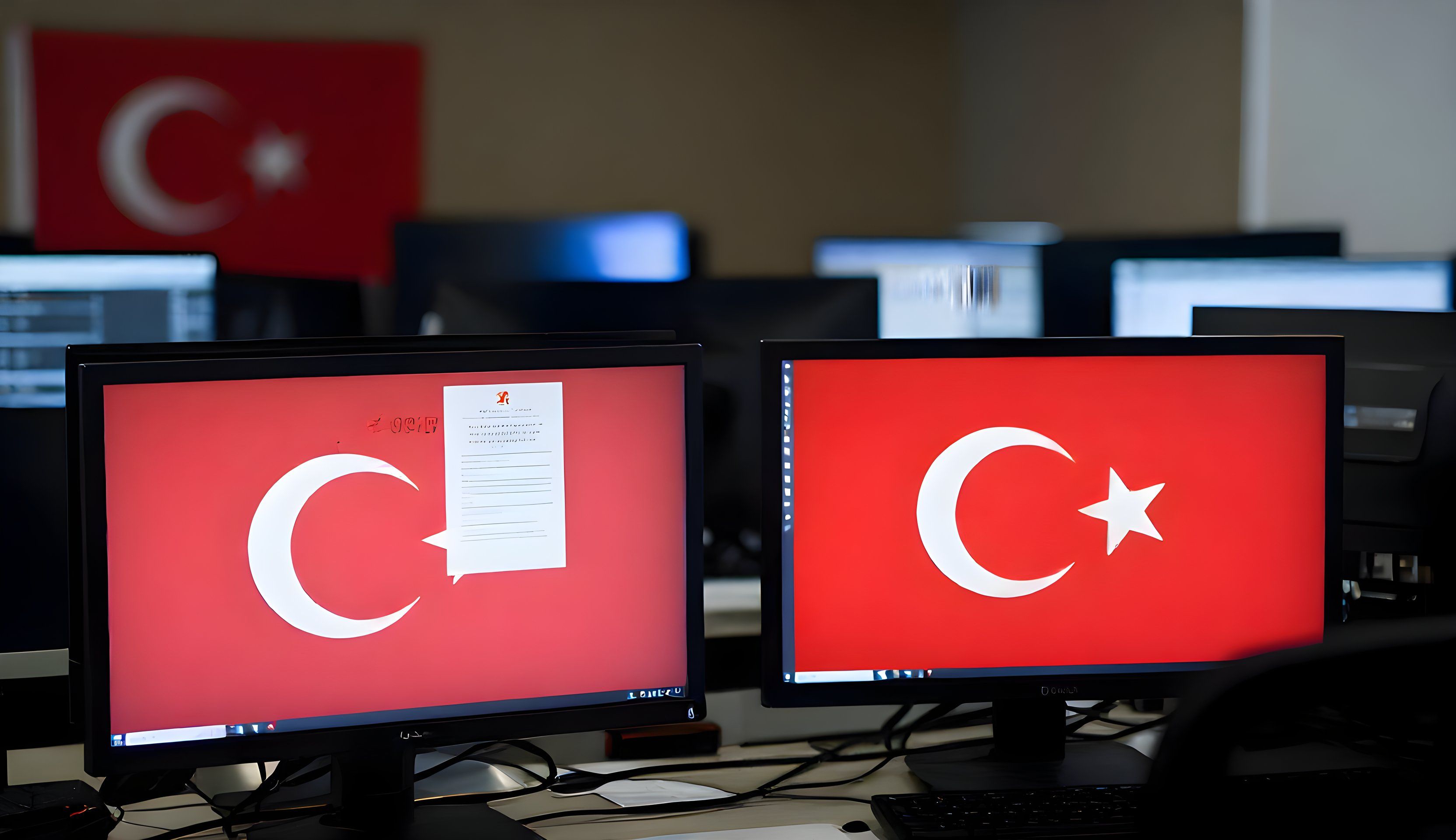 Gri tonlarında resmi bir haber ofisi sahnesi; arka planda Türk bayrağı ve hukuki belgelerin bulanık görüntüleri.